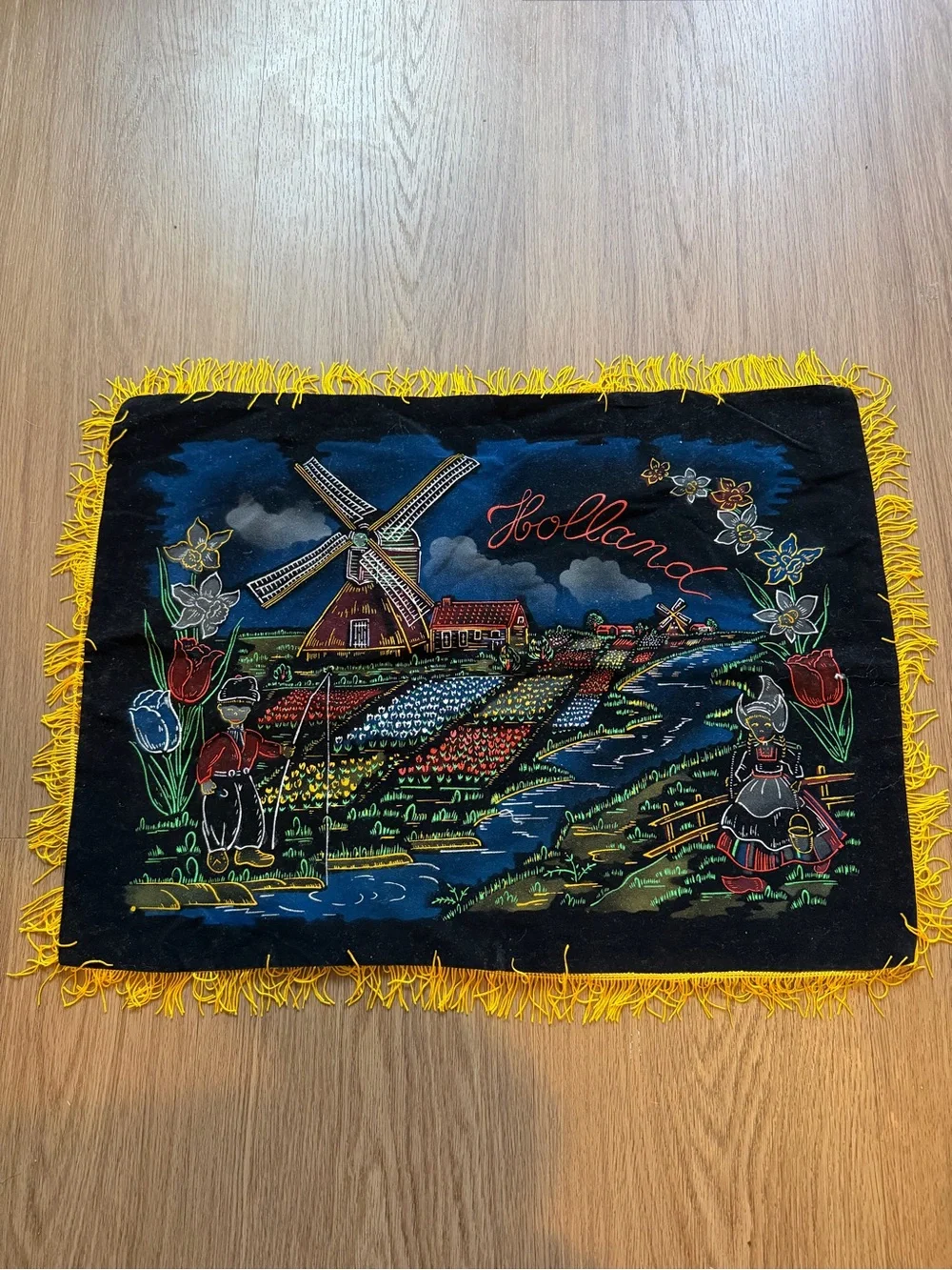 Holland Netherlands Souvenir Velvet Textile Windmill Tulips Dutch Fringe Decor